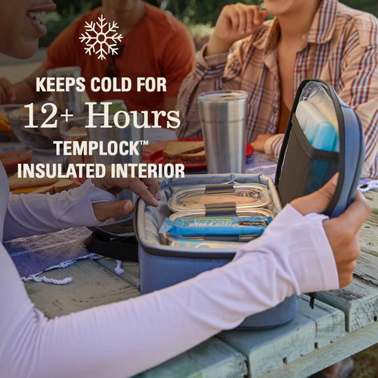 Person opening a insulated lunch box with text about its temperature retention feature.