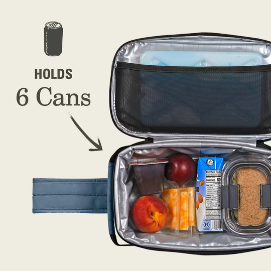 Insulated lunch bag with food items and text indicating it holds 6 cans.