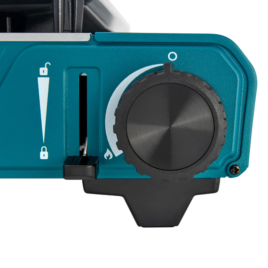 Teal and black control panel with a knob on a white background