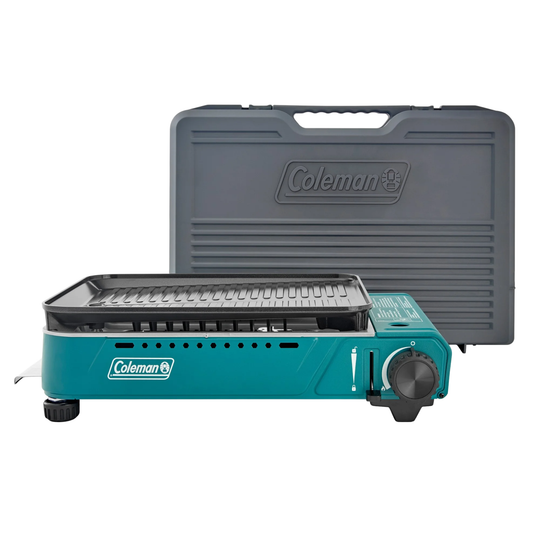 Coleman portable stove with carrying case on a white background