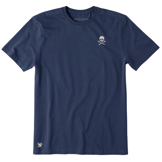 Navy blue t-shirt with a small white logo on a white background