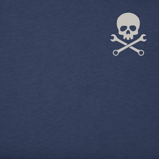 Navy blue shirt with a white skull and crossbones design on a plain background
