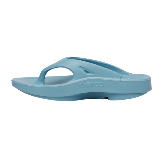 Blue sandal with 'Oofos' branding on a white background