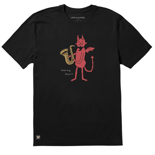 Black t-shirt with a red devil playing a saxophone graphic on a white background