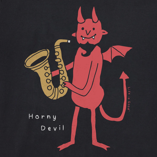 Red devil playing a saxophone with 'Horny Devil' text on a black background