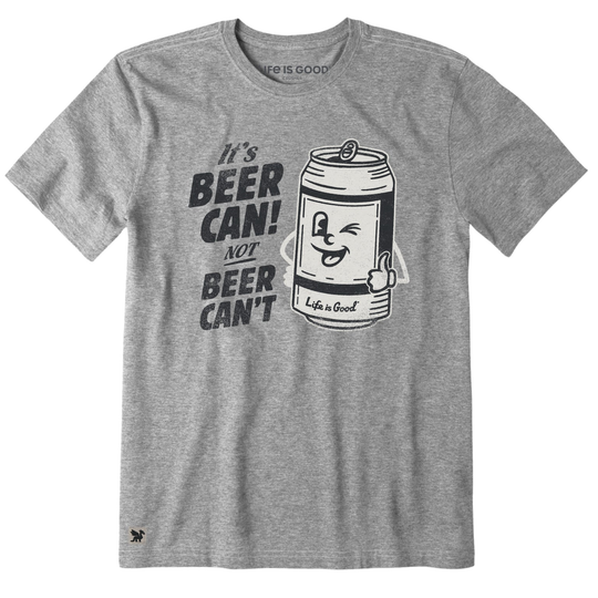 Gray t-shirt with a graphic of a beer can and text on a white background