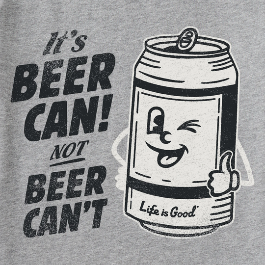 Gray t-shirt with a cartoon beer can and text 'It's BEER CAN! Not BEER CAN!' on a gray background.