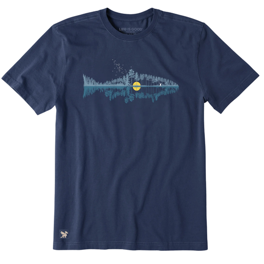 Navy blue t-shirt with a nature graphic on a white background