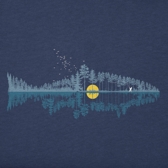 Navy blue t-shirt with a nature-themed design featuring trees, a lake, and a yellow sun.