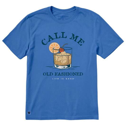 Blue t-shirt with an 'Old Fashioned' graphic and text on a white background