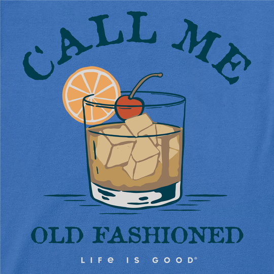 Blue t-shirt with an illustration of an old fashioned cocktail and 'Call Me Old Fashioned' text on a blue background.
