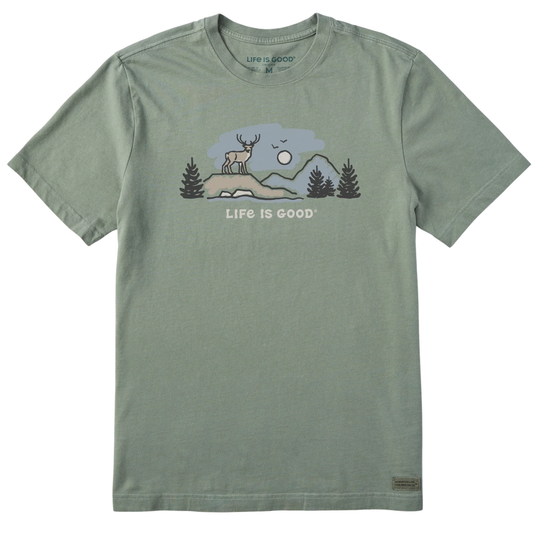 Green t-shirt with nature graphic and 'Life is Good' text on a white background