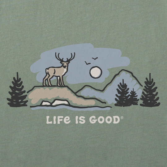 Green t-shirt with a deer graphic and 'Life is Good' text on a nature-themed design.