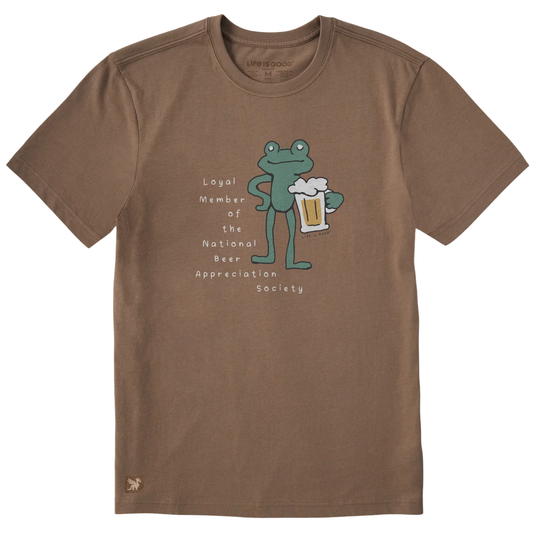 Brown t-shirt with a frog graphic and text on a white background