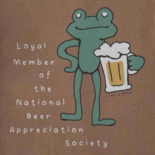 Frog holding a beer mug with text on a brown background