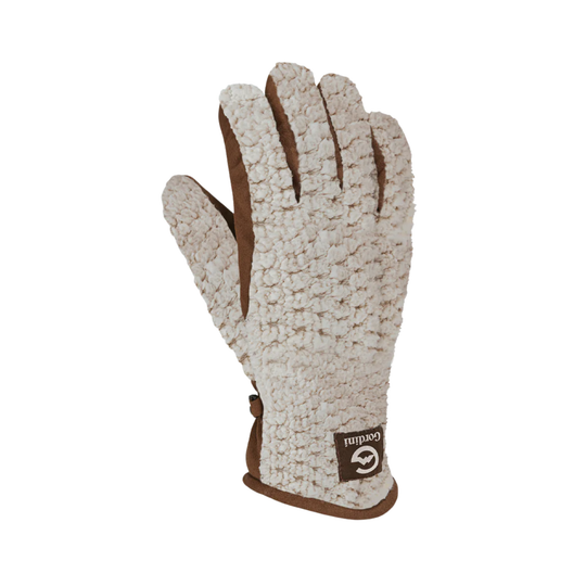 Beige fleece glove with brown accents on a white background
