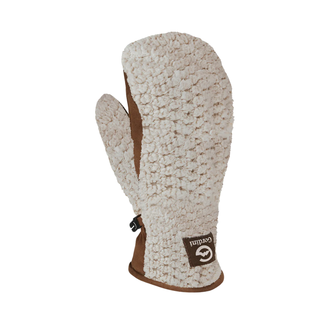 Beige fleece glove with brown accents on a white background