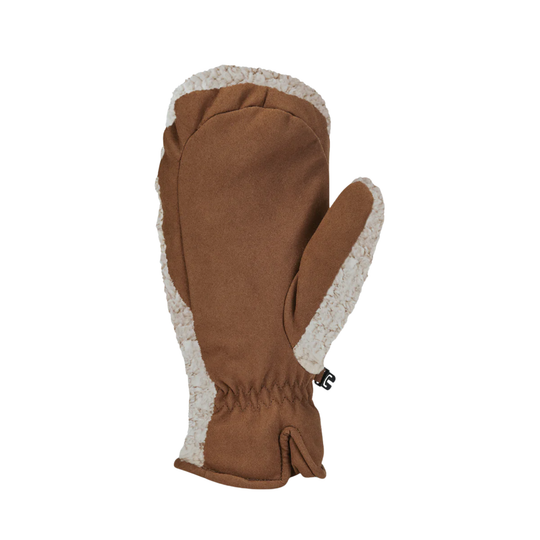 Brown mitten with white fur lining on a white background
