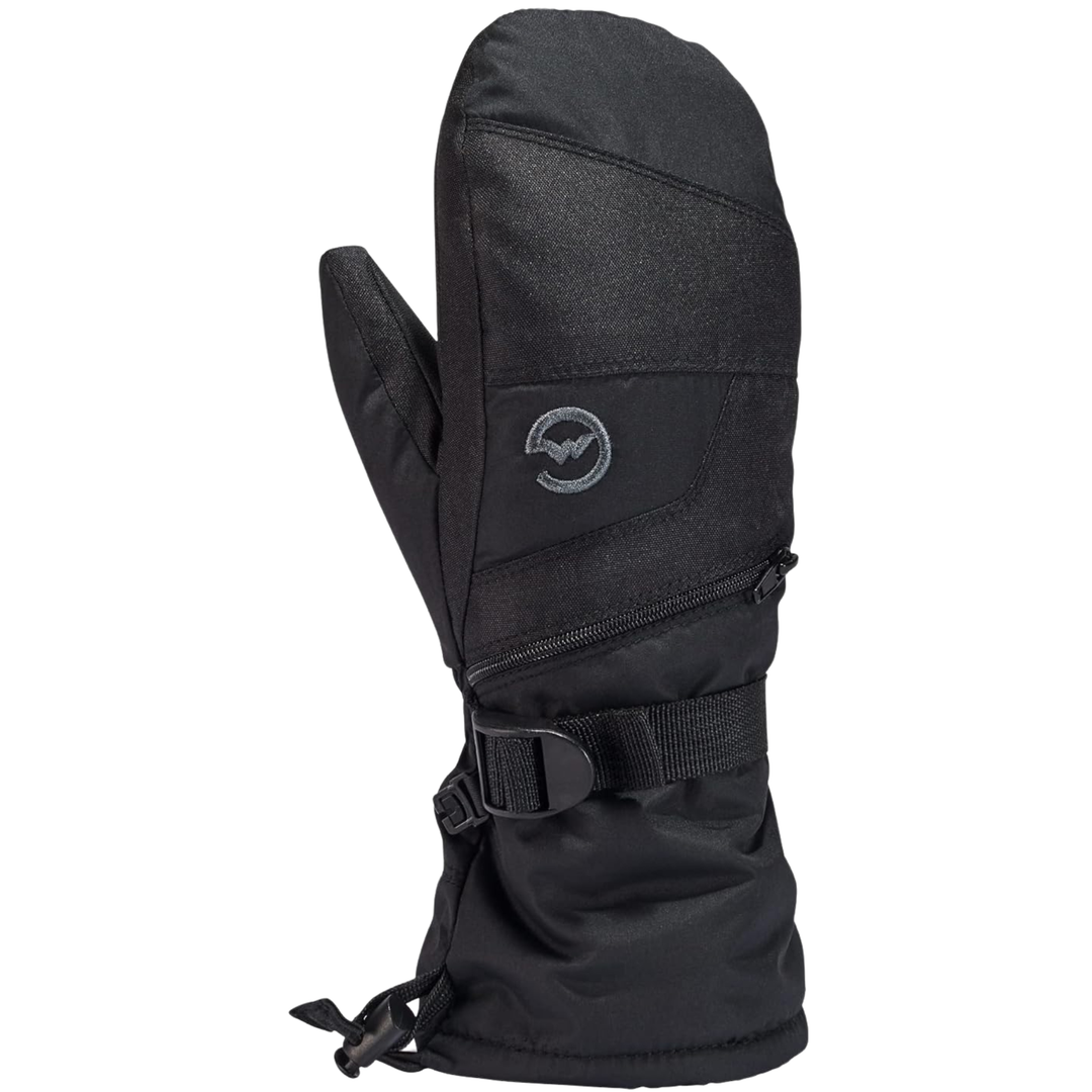 Black insulated gauntlet mitten with wrist strap and zipper closure