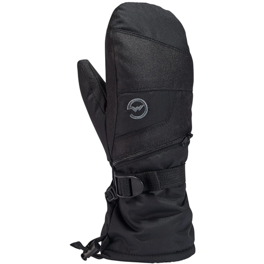 Black insulated gauntlet mitten with wrist strap and zipper closure
