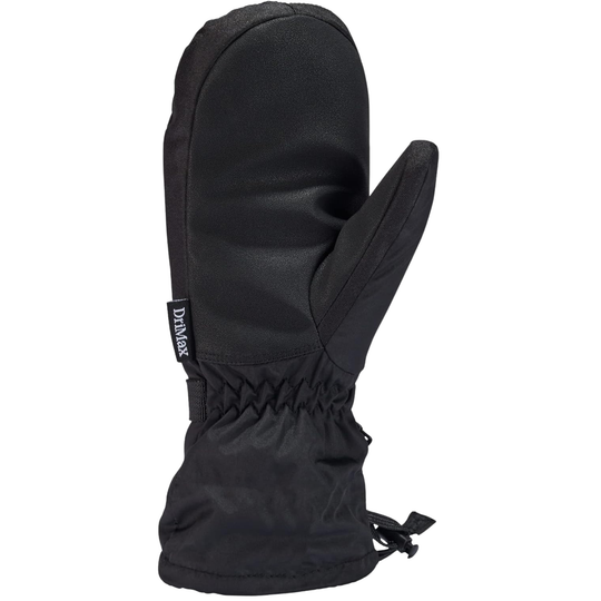 Black insulated mitten with a gauntlet cuff and side thumb panel, shown on a white background.