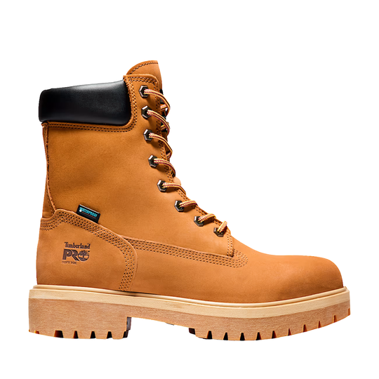 Tan work boot with black top on a white background