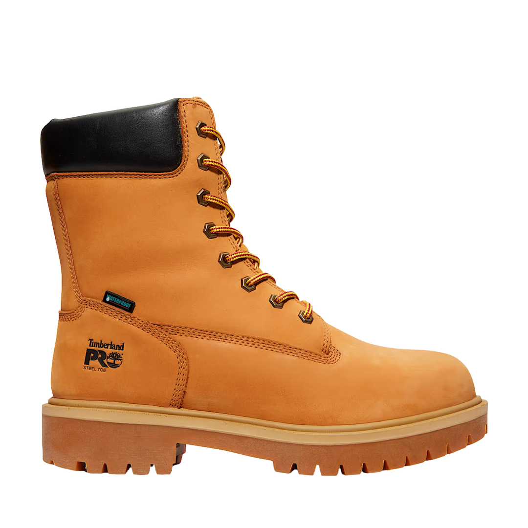 brown work boot with black top on a white background