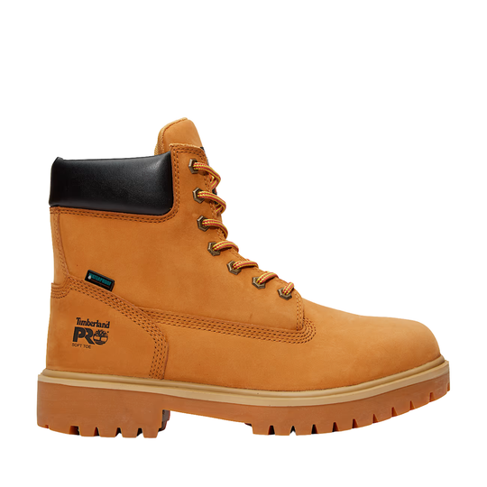 Tan work boot with black top on a white background