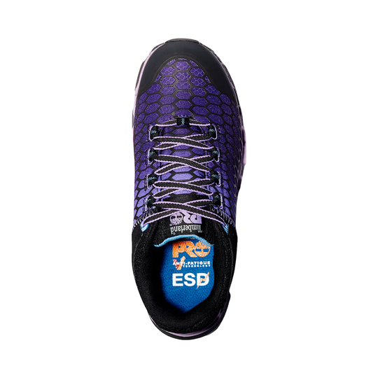 top view of purple and black shoes with purple and black laces