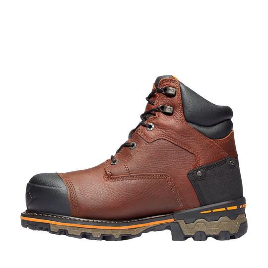 Brown and black work boot with orange accents on a white background