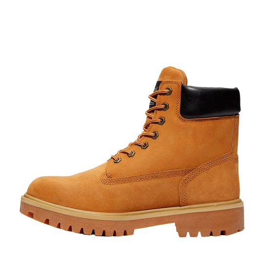 Brown leather boot with black top on a white background