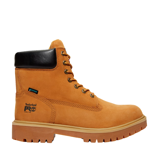 Tan work boot with black top on a white background