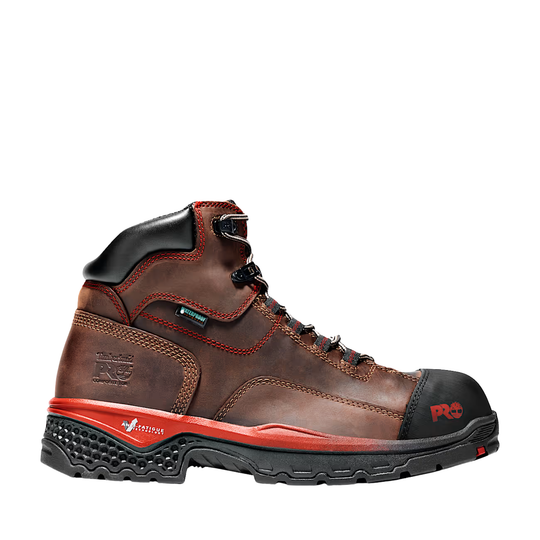brown leather work boot with red trim above black sole