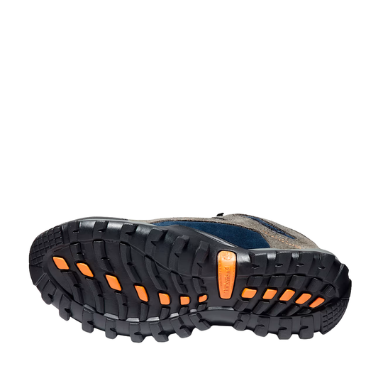 Blue and grey work shoes bottom sole black and orange