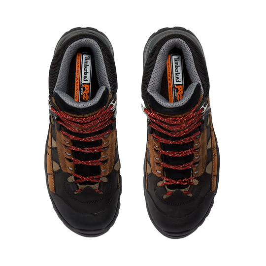 black and brown leather work boot with red laces