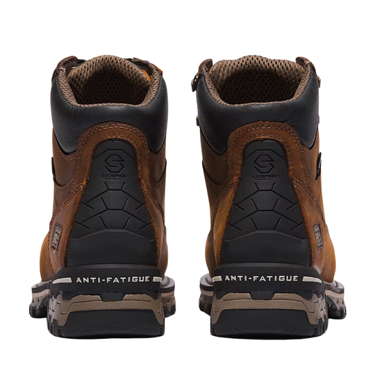 Pair of brown and black work boots with 'Anti-Fatigue' sole on a white background