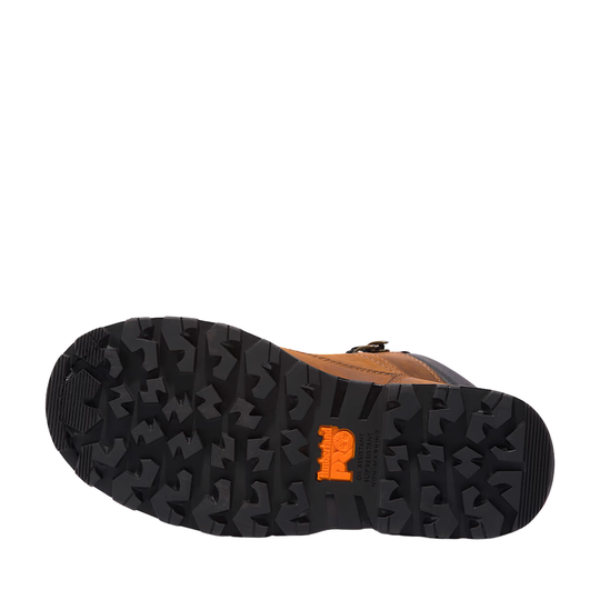 Black sole of a shoe with an orange logo on a white background