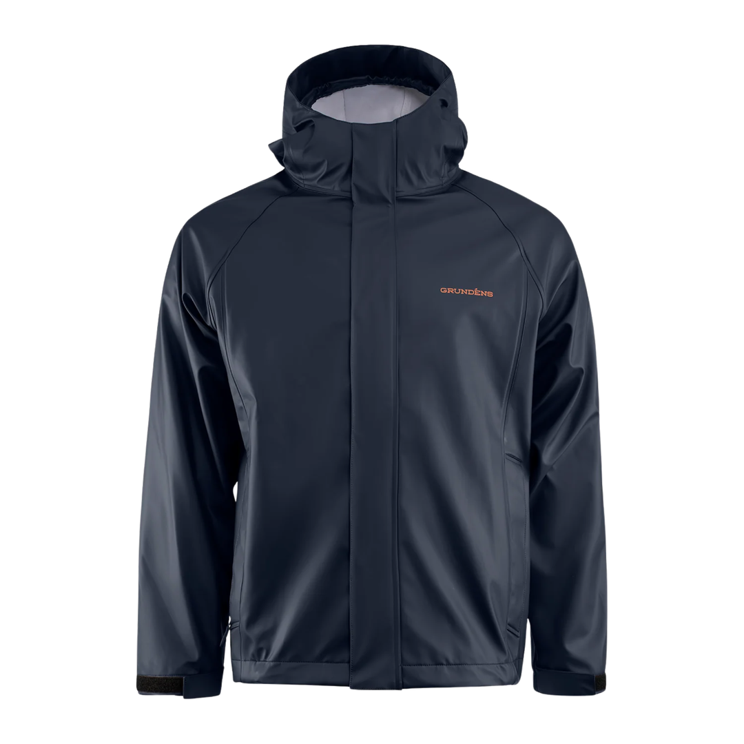 Dark gray rain jacket with a hood on a white background