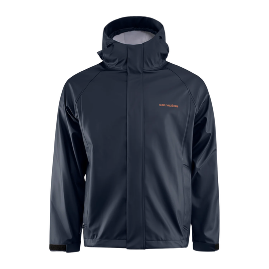 Dark gray rain jacket with a hood on a white background