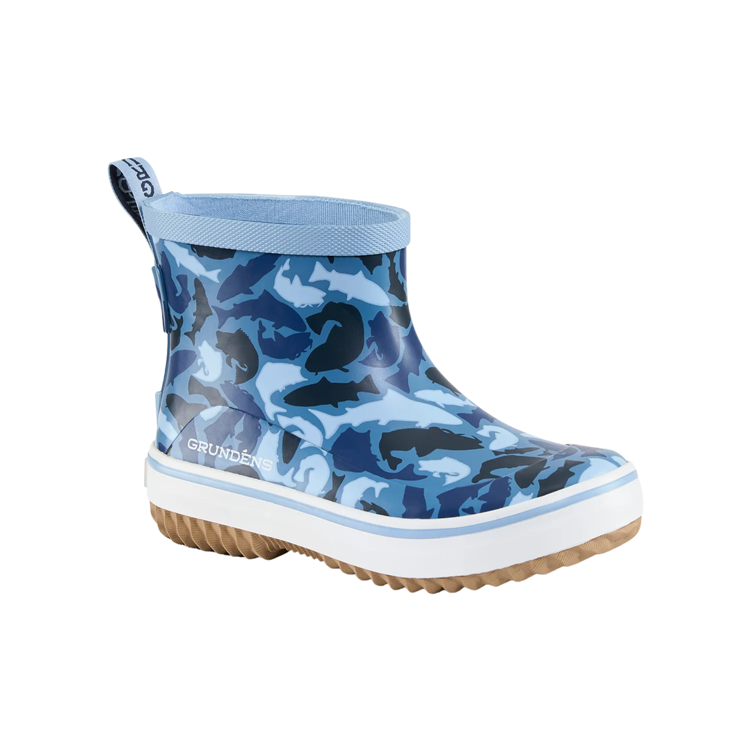 Blue camouflage rain boot with white sole on a white background