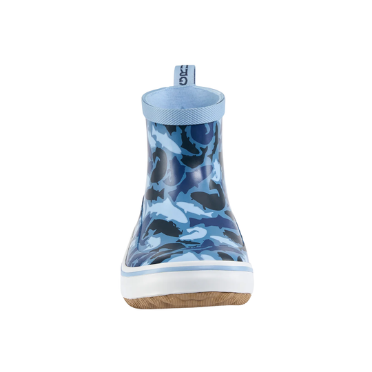 Blue camouflage rain boot on a white background