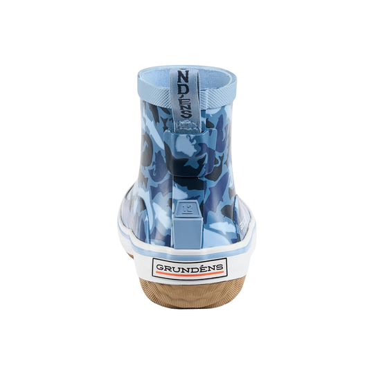 Blue camouflage rain boot with a visible brand logo on a white background