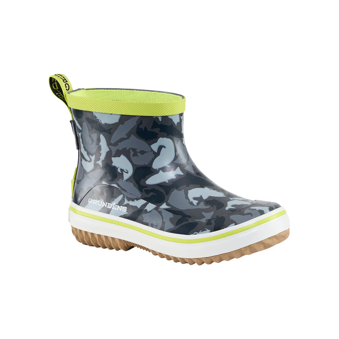 Camouflage-patterned rain boot with green trim on a white background