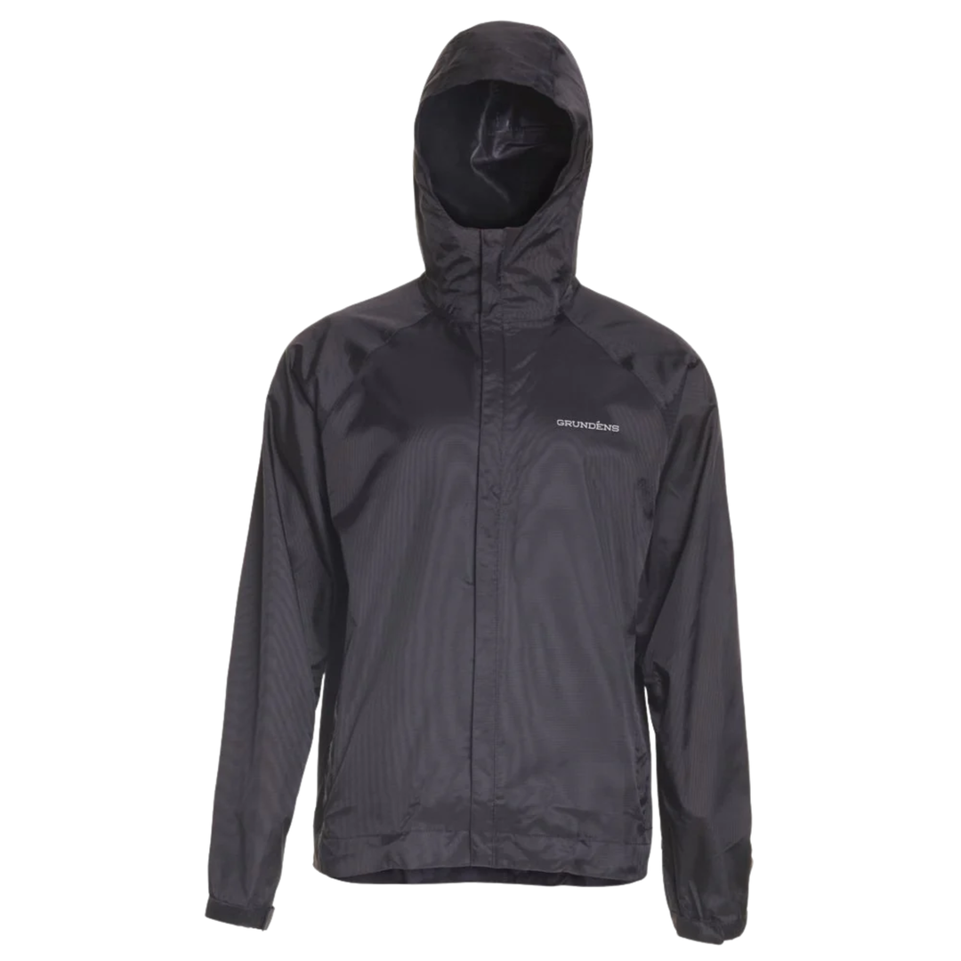Black rain jacket with a brand logo on a white background