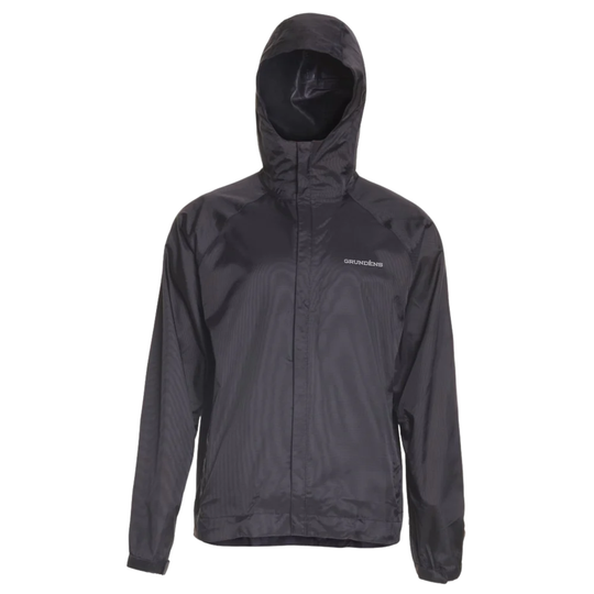 Black rain jacket with a brand logo on a white background
