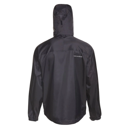 Black rain jacket with a brand logo on the chest against a white background