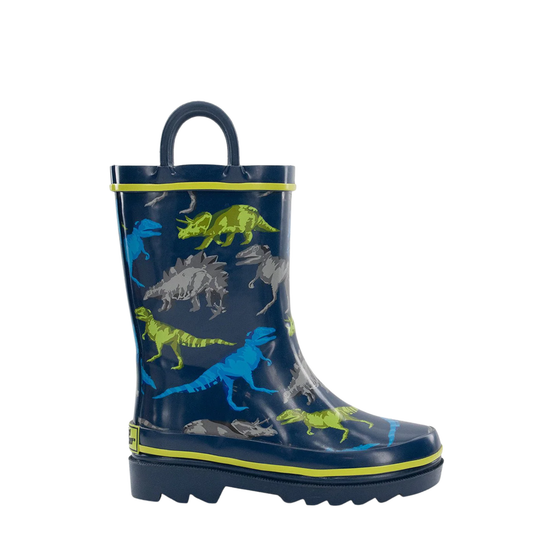 Navy rain boot with dinosaur pattern on a white background