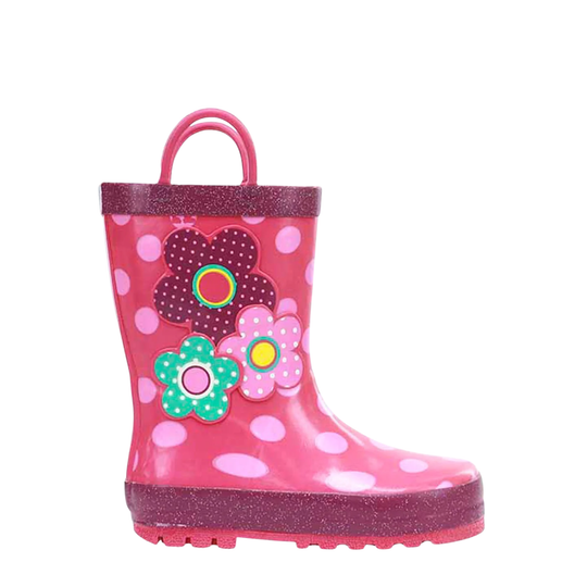 Pink children's rain boot with floral designs on a white background