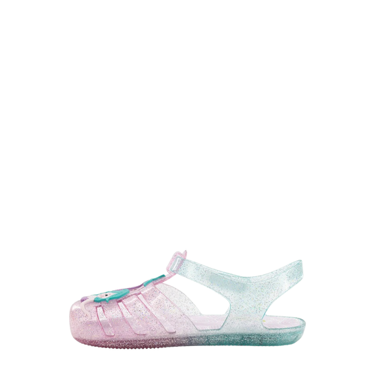 Pink and green sandal with a bow on a white background