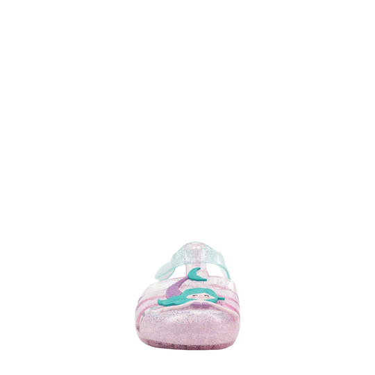 Pink children's shoe with a mermaid design on a white background